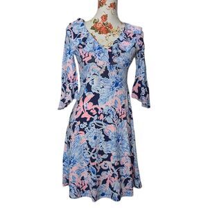 NWT Lilly Pulitzer XXS Stirling Dress Blue Pink Ruffled Neckline Cuffs Stretch